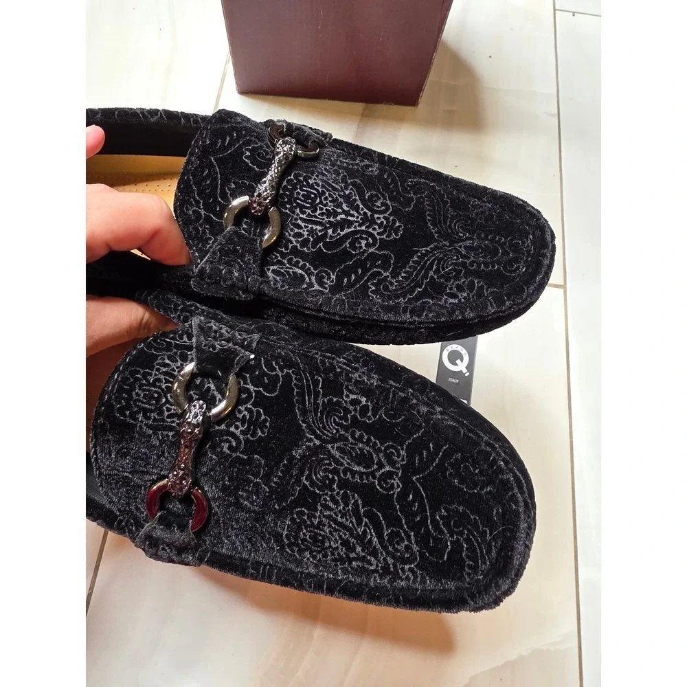 Royal Shoes Mens Black Velvet Paisley Damask Bit Loafers MOC-107 Size 8.5 NEW